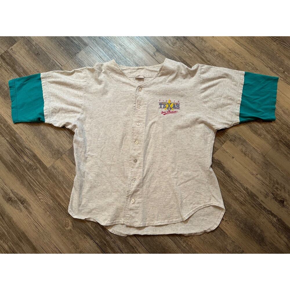 Vtg Fiesta San Antonio Large Button T-Shirt USA 90s Button Up Jersey Seasons